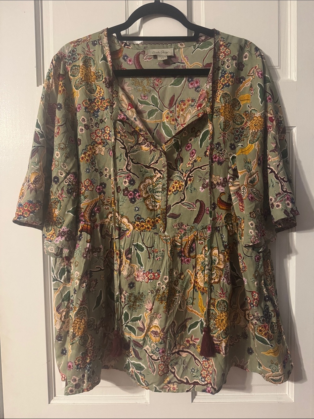 Charlie Paige Olive Floral Tunic with Tassel Tie